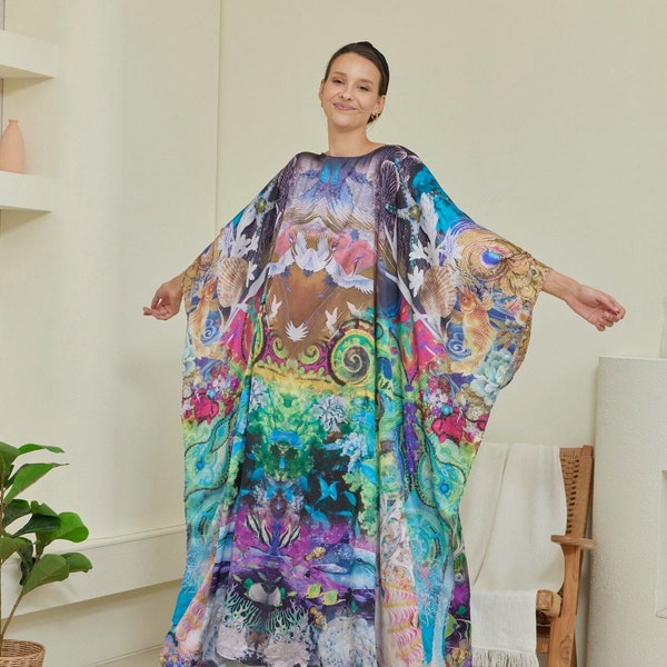 Bleu océan monde sous la mer caftan robe de chambre, caftan en soie dégradé pleine longueur tenue de plage grande taille pour femme cadeau caftan en soie bohème