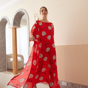 Red White Floral Plus Size Silk Kaftan Dress Summer Vivid Dressing Gown Evening Caftan Full Length Resortwear Kaftan for Woman Gifts for Mom