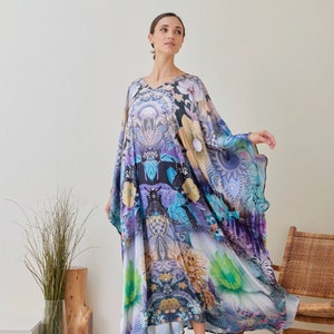 Blue Kaftan Silk Maxi Dress, Floral Caftan Plus Size, Abstract Vintage Kaftan for Women Kaftan Blue, Kaftan Long Dress, Kaftan Abaya, Gifts