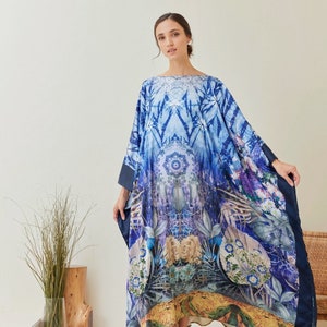 Vintage Tiedye Silk Blue Gold Leaf Kaftan Dressing Gown, New Designer Kaftan Maxi Dress, Caftan Evening dress, Plus size, Mothers Day Gift