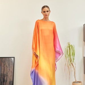 Orange Sunset Full Length Gradient Kaftan Dress Silk Caftan Loungewear Precious Beach Cover Up Maternity Dress Wedding Summer Gift for Mom
