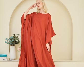 Brick Red Dark Orange Dress for Women Silk Japan Kaftan Dress Earthy Red Caftan Plus Size Cruise Dress Women Summer Gown Mothers Day Gift