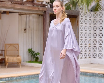 Soft Grey Purple Silk Summer Dress Plus Size Kaftan Wedding Vintage Dresses for Women Long Silk Caftan Travel Maxi Dress beach cover ups