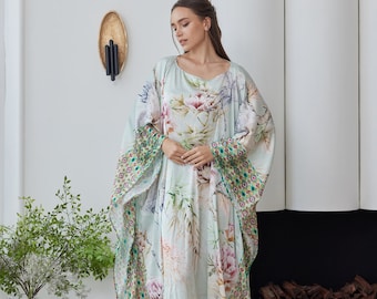 Handpaint Silk Floral Light Green Japanese Kimono Kaftan, Full Length Dress Gown, Beach Wear Caftan Resort Wear Plus Size, Gift for Mother