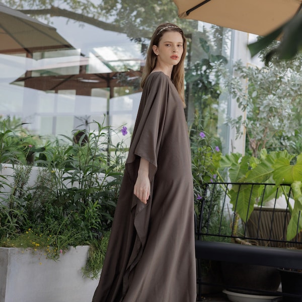 Dark Brown Cocoa Paris Silk Caftan Long Sleeve Loose Maxi Dress Loose Free Size Gentle Kaftan Summer Casual Abaya Muslim Boho Lady Mom Gifts