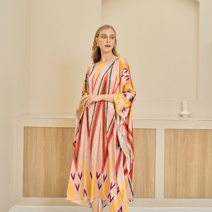 Beige Gold Ikat Print Midcalf Short Kaftan Dress Silk Loungewear Precious Beach Cover Up Maternity Dress Handmade Caftan Summer Gift for Mom image 1