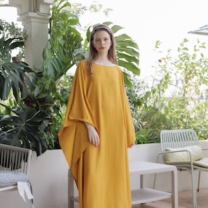 Bright Gold Caftan Lady Paris Silk Contemporary Soft Summer Kaftan Resort Wear Boho Maxi Dress Gown Mom Gifts Cruise kaftan holiday Classic image 9