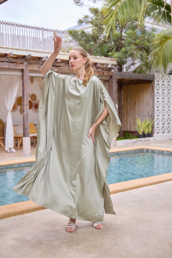 sage green kaftan dress Button at Shoulder Green Sage Vintage Silk Charmeuse Kaftan Dress Women  Plus Size Bridesmaid Dress Caftan Womens Loungewear Gifts for Mom