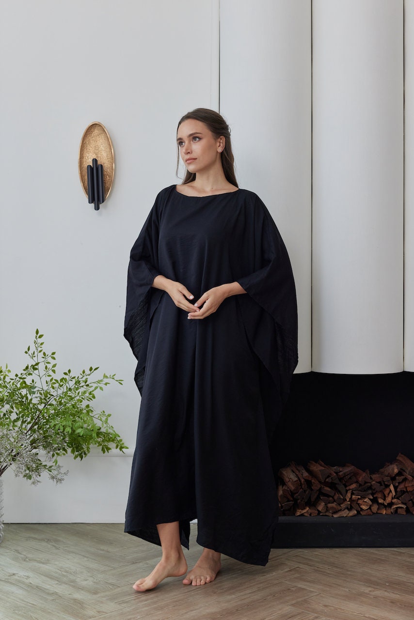 ダメージ加工 ブラック 長袖カットソー　BLACKMACHINE NUBIAN Kaftan Dress Moroccan Black Silk Japan Kaftan Dress Summer Natural