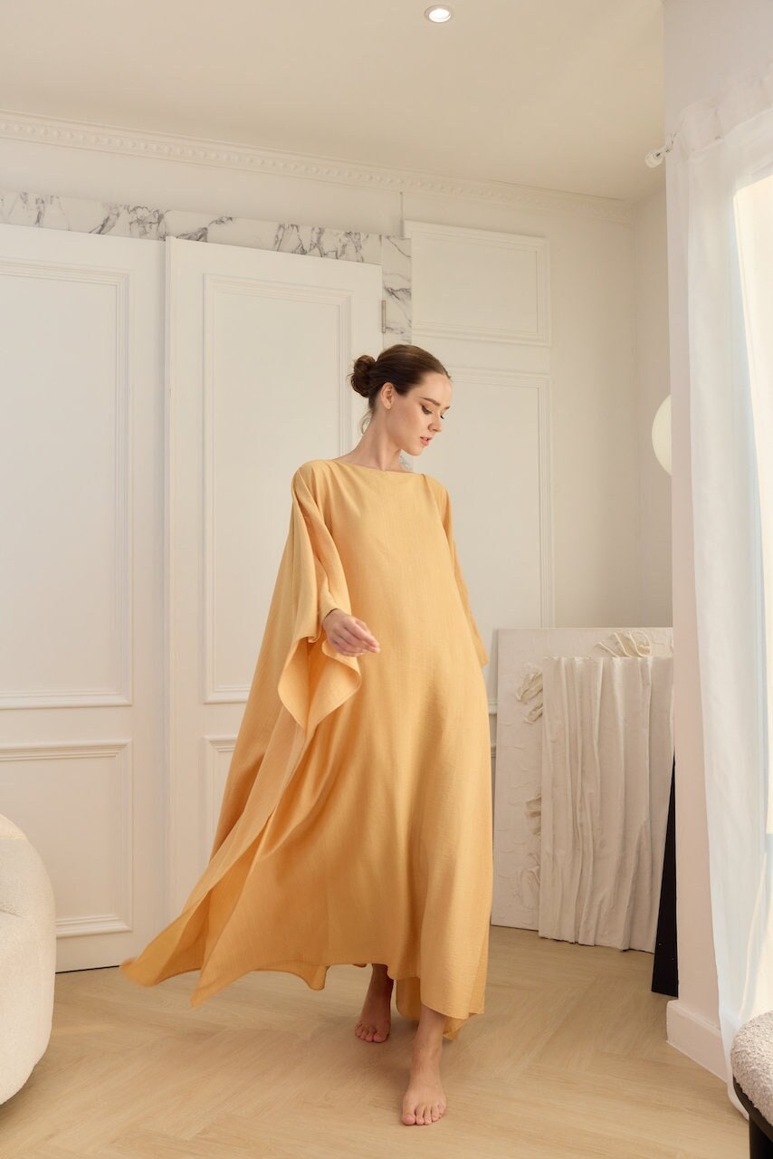 Gold Yellow Paris Silk Abaya Designer Silk Kaftan Full Length Boho