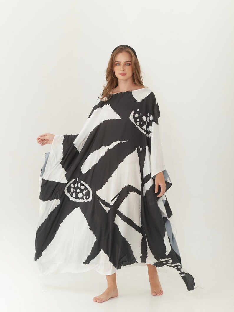Line Art Floral Silk Caftan Black White, Silk Kaftan Plus Size