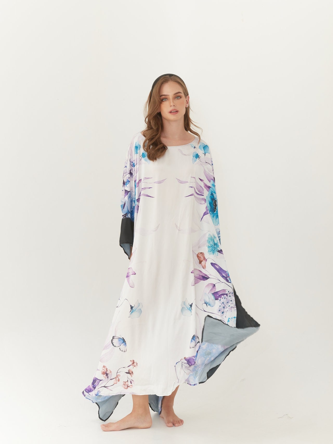 Floral Watercolor Silk Caftan Kaftan Plus Size, White Kaftan