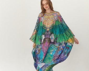 Wing Silk Abstract Nightdress, Plus Size Kaftan Resort Wear, Silk Dressing Gown, Vintage Silk Kaftan with Full Length, Mothers Day Gift