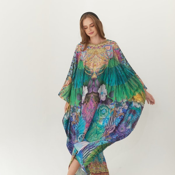 Wing Silk Abstract Nightdress, Plus Size Kaftan Resort Wear, Silk Dressing Gown, Vintage Silk Kaftan with Full Length, Mothers Day Gift