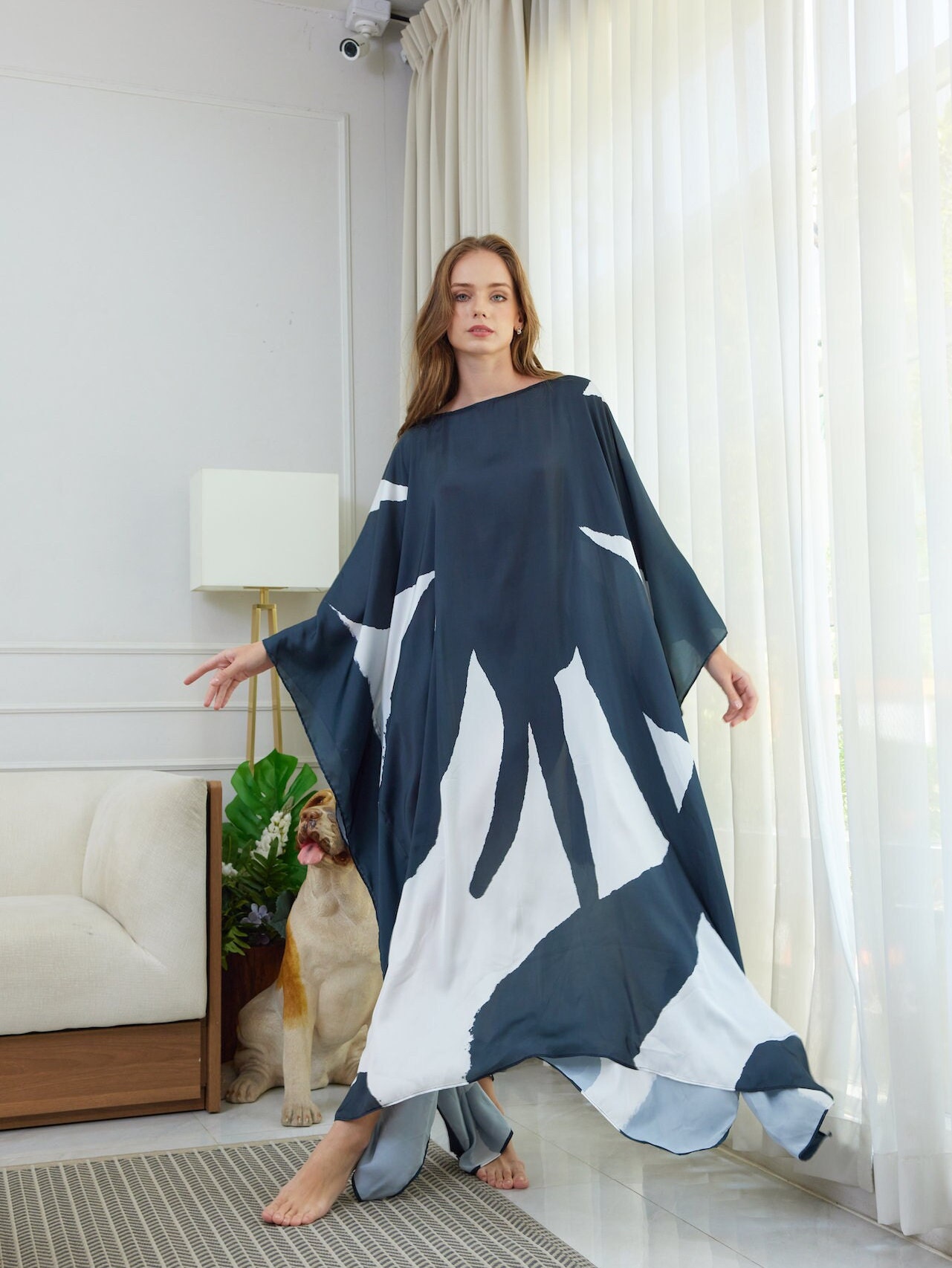 Silk Ikat Caftan Dress Black&Beight main image 1