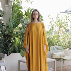 Bright Gold Caftan Lady Paris Silk Contemporary Soft Summer Kaftan Resort Wear Boho Maxi Dress Gown Mom Gifts Cruise kaftan holiday Classic image 2