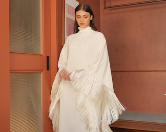 Off-White Cream Fringe-trimmed Kaftan Dress Caftan Plus Size party dress wedding clothing resort wear Silk Loungewear Kaftan Full length