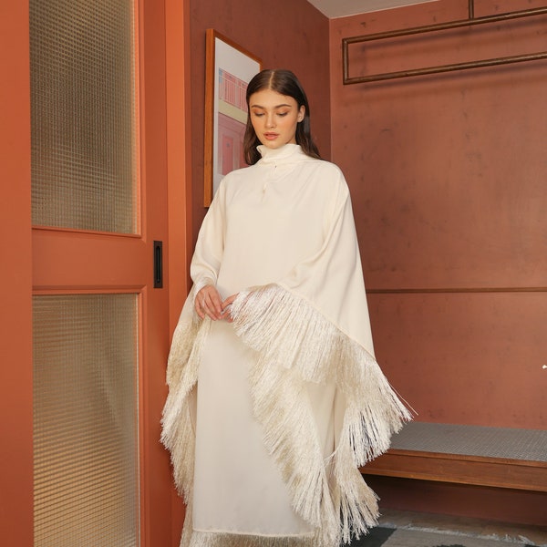 Off-White Cream Fringe-trimmed Kaftan Dress Caftan Plus Size party dress wedding clothing resort wear Silk Loungewear Kaftan Full length