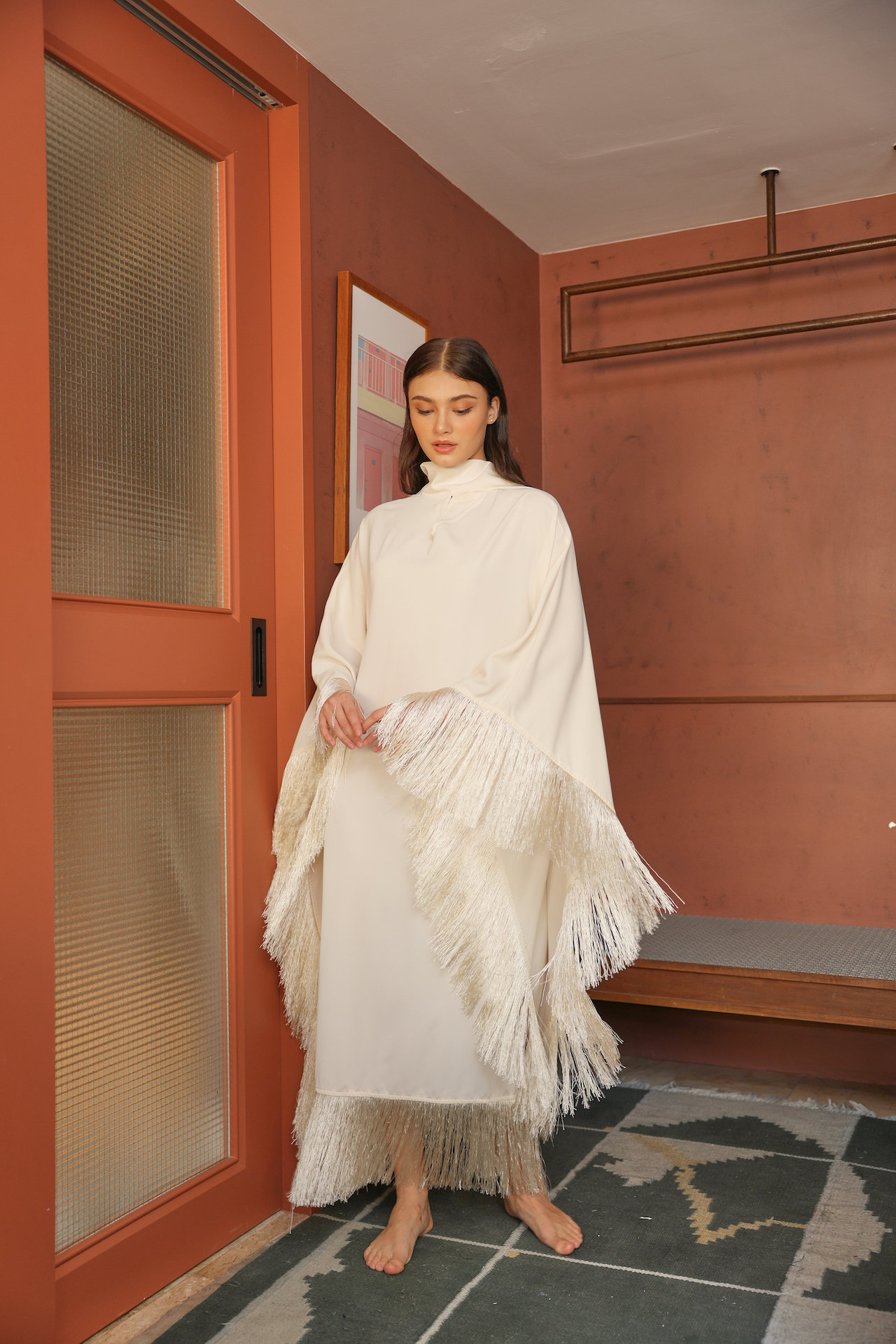 Off-White Cream Fringe-trimmed Kaftan Dress Caftan Plus Size party dress wedding clothing resort wear Silk Loungewear Kaftan Full length