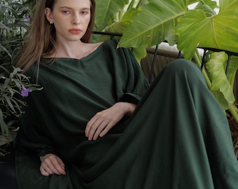 Dark Green Silk Paris Kaftan Dress, Women Plus Size, Evening Pyjamas, Bridemaids Loungewear Dress, Maternity Nighty Caftan Beach Kaftan Gift