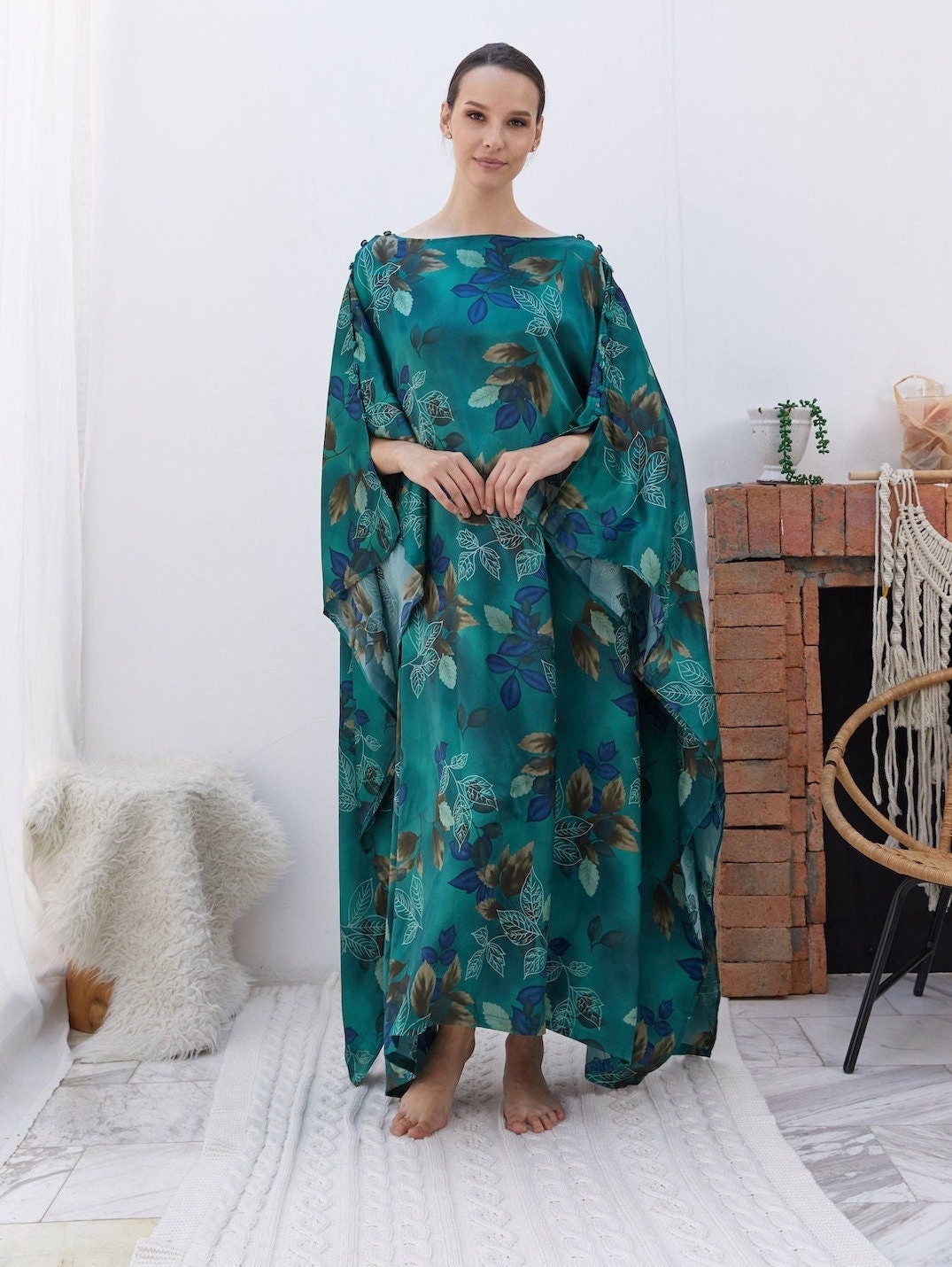 Buttons at Shoulders Green Silk Kaftan Dress Luxury Emerald, Women ...