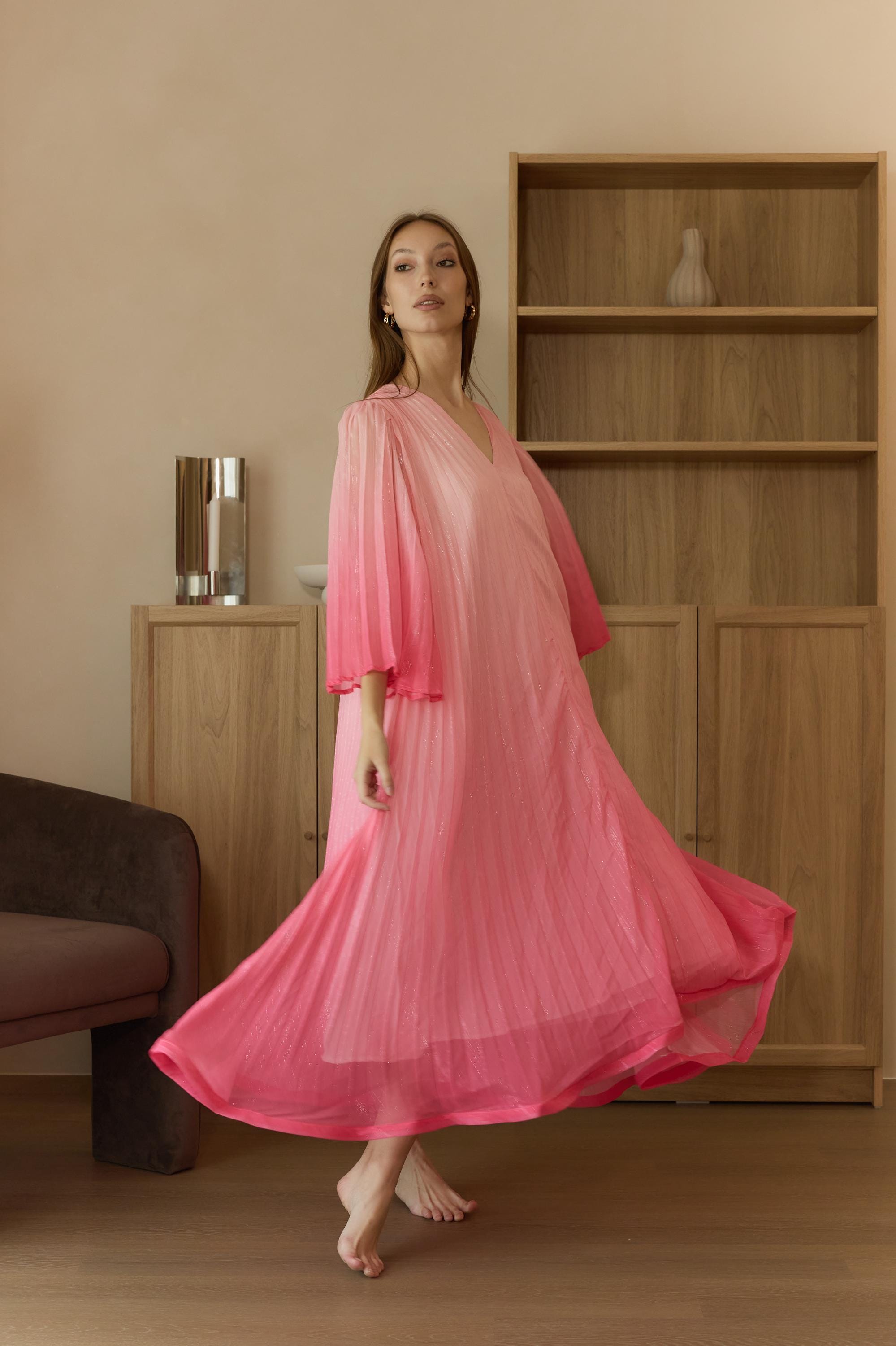 strapless open back dress Elegant Pleated Batwing Sleeve Maxi Dress Beige / S main image 1