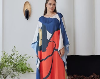 Bold Red Floral Abstract Kaftan Dress Summer Caftan Beach Wear Kaftan Plus Size for Women Resort Wear Loungewear Vacation Silk Gift for Mum