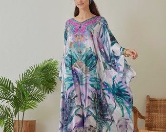 Handpainted Tropical Purple Bohemian Silk Kaftan, Boho Dress, Silk Kaftan Maxi Summer Vacation Caftan for Women Beach Wear Mothers Day Gift