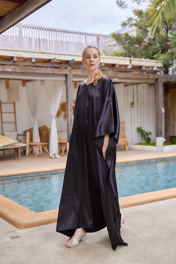 Black Elegant Kaftan Summer Dress silk kaftan for women summer beach wear Plus Size Caftan Full Length Kaftan Gifts Mom Beach Pareo Lounge