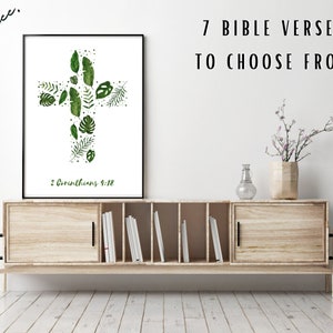 Chic Tropical Green Leaves Cross Printable Wall Art, Bible Verse Poster, Christian Cross Wall Prints, Gift, Decor, Digital Download