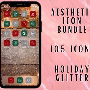Könnte beinhalten: Ein Telefonbildschirm zeigt eine Sammlung von 105 ästhetischen Symbolen mit einem Weihnachtsglitzerthema. Die Symbole sind in Rot, Grün und Silber mit einem glitzernden Finish. Der Text "AESTHETIC ICON BUNDLE 105 ICONS HOLIDAY GLITTER" wird auf einem rosa Marmorhintergrund angezeigt.