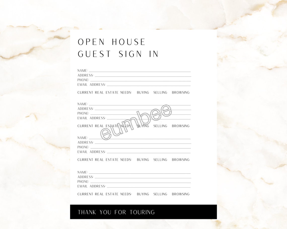 Open House Guest Sign in Sheet, Real Estate Sign, Real Estate Marketing - Printable Instant ...