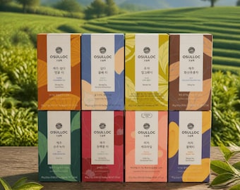 May include: Eight rectangular boxes of Osulloc tea arranged in two rows. Each box features a unique color, botanical illustrations, and the Osulloc logo. The labels include Korean and English text identifying various blended tea flavors and net weights.