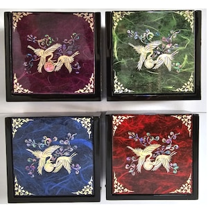 Vintage Korean Traditional Design Najeon Lacquer Two Pairs of Cranes Made of Korean Paper Jewelry Box With Mirror Mother Pearl Storage Box