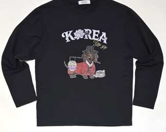 Unisex Korea Lotus Hanbok YipYip Puppy Eco-Friendly Soft Stretchy Comfortable Black Long Sleeve T-Shirts /Gift for lover, Yourself, Birthday
