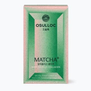 May include: A rectangular product box with a green and pink gradient finish. The text reads OSULLOC, MATCHA+, and MATCHA PLUS COLLAGEN, along with Korean characters. The design features a central framed panel and a small circular logo at the top.