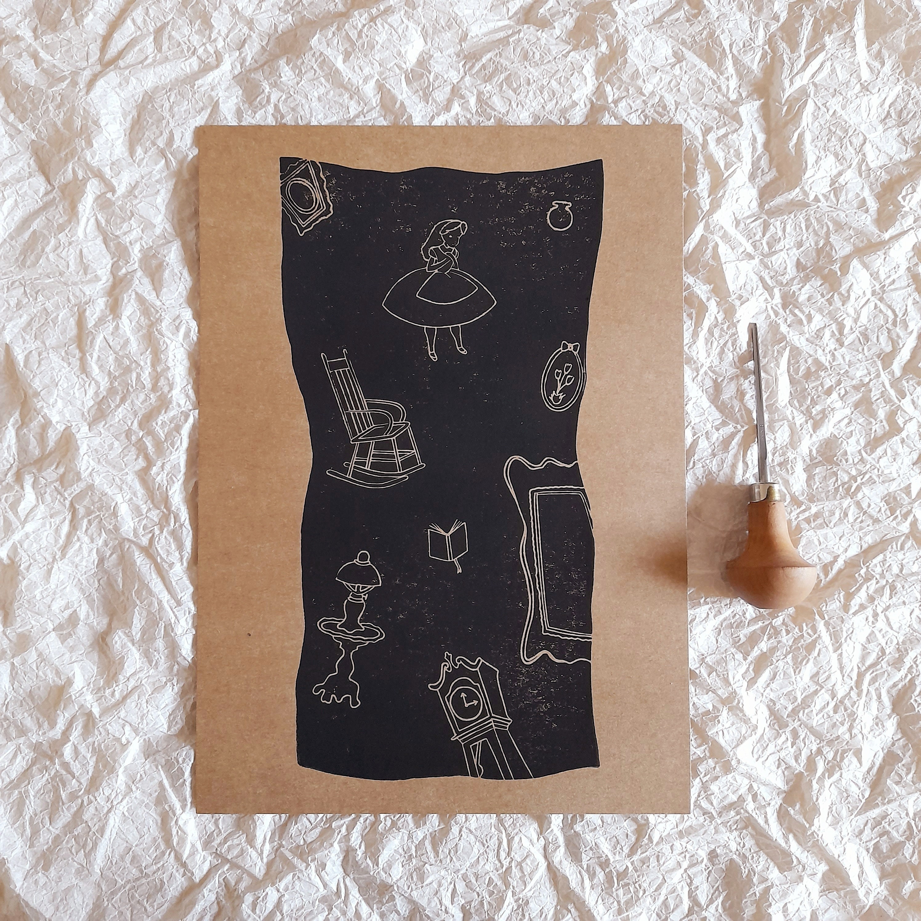 Alice Falling Down The Rabbit Hole - Linogravure