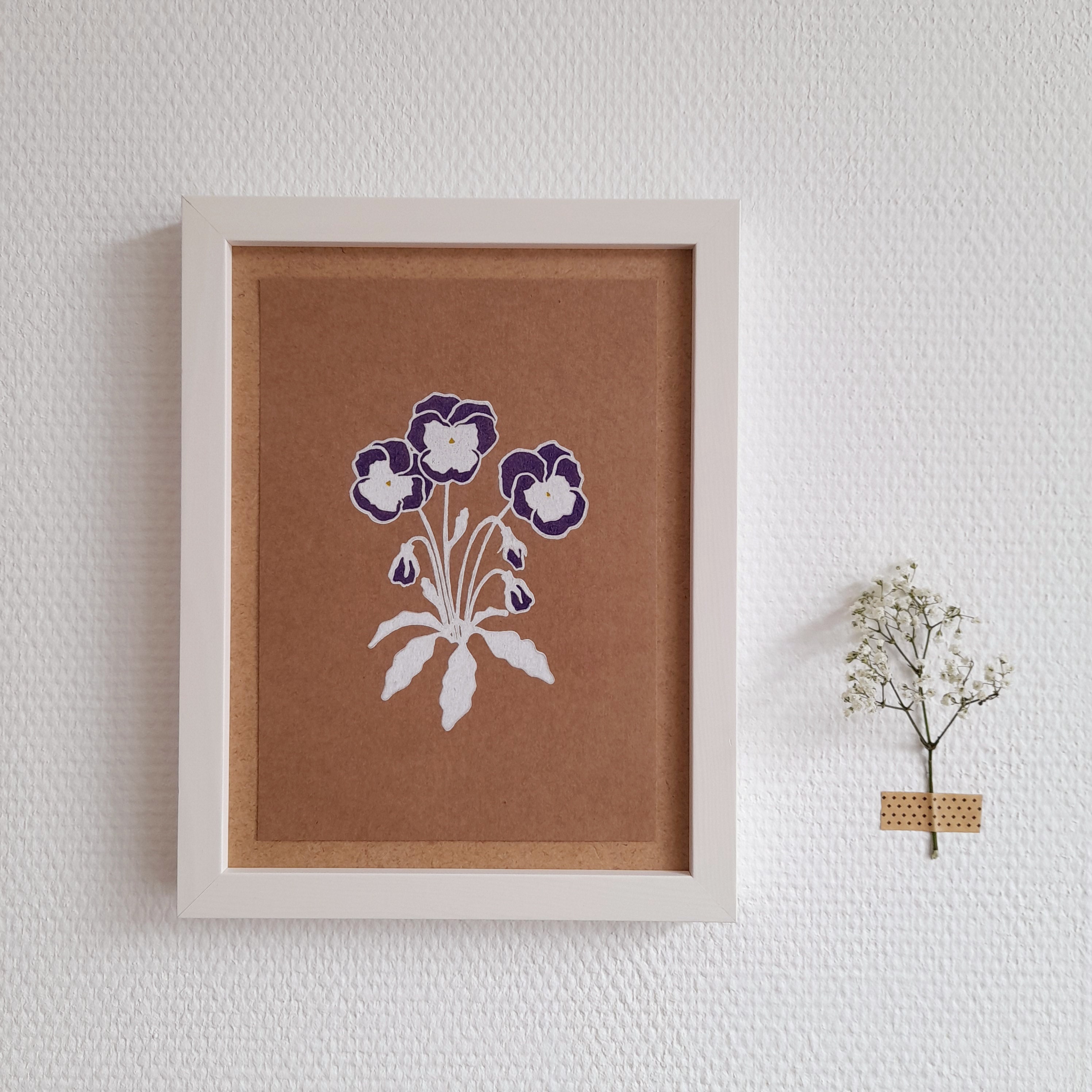 Pensées - Blanc & Kraft Linogravure et Rehaut Au Crayon de Couleur