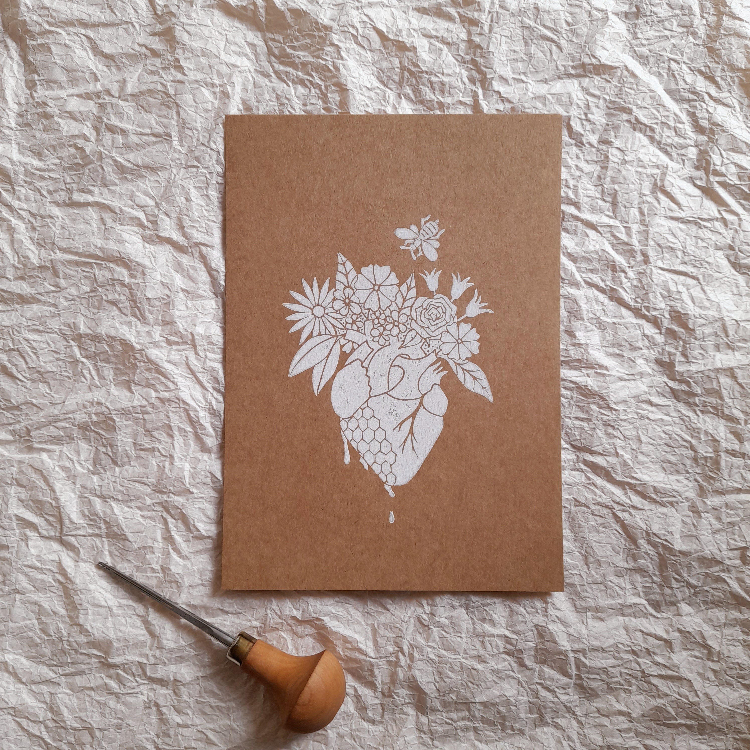Cœur de Miel - Blanc & Kraft Linogravure