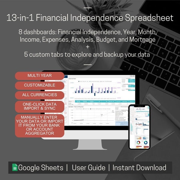 13-in-1 Financial Independence Spreadsheet | Finance Tracker | Dashboard | Savings | Budget | Google Sheet | Wealth | Retirement | Mortgage