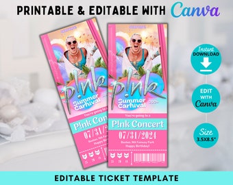 Editable PINK Surprise Concert Ticket, Summer Carnival Tour 2024 Ticket, Faux Event Admission, Concert Reveal Gift, Pink Concert, Canva