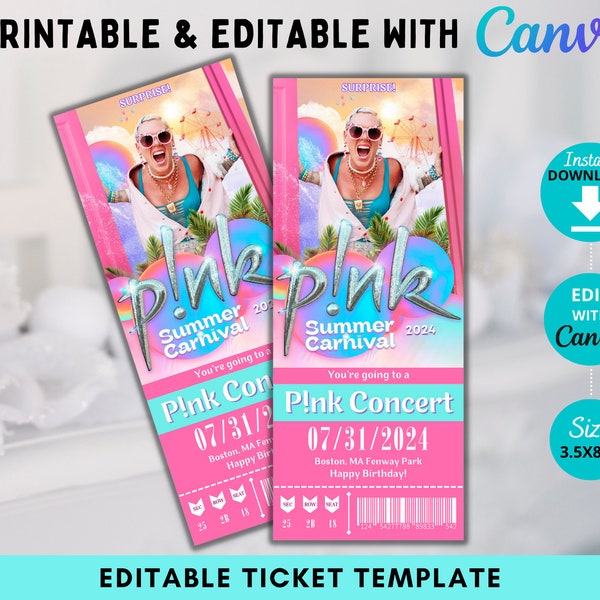 Editable PINK Surprise Concert Ticket, Summer Carnival Tour 2024 Ticket, Faux Event Admission, Concert Reveal Gift, Pink Concert, Canva