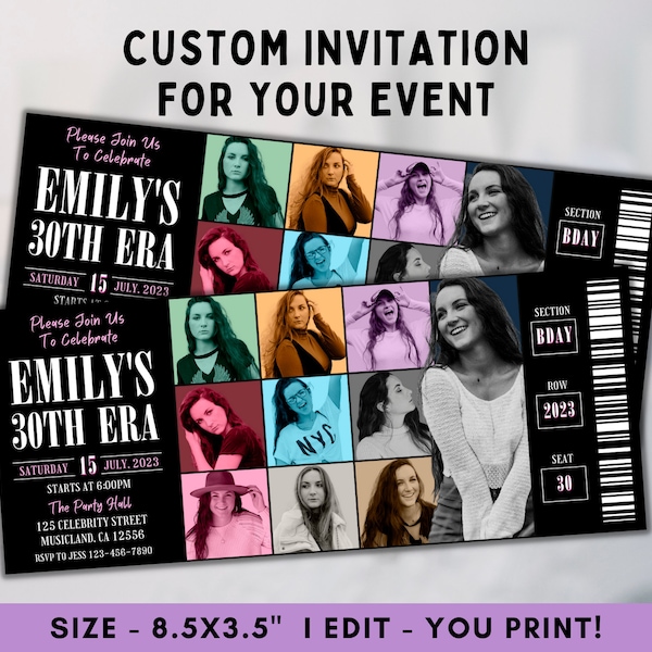 Custom Eras Tour Birthday Invitation with Pictures, Personalized Birthday Ticket, Surprise Birthday Ticket, Printable Gift, Any Age