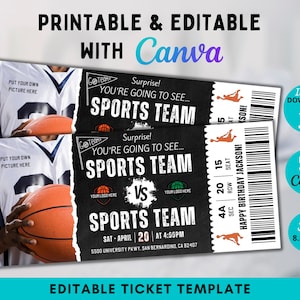 Editable Basketball Ticket Template, Basketball Game Ticket, Basketball Surprise Ticket, Basketball Gift Ticket, Sport Souvenir, Canva