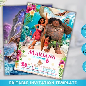 Convite de aniversário editável para Moana 2, modelo para Moana 2, festa de aniversário para Moana II, convite para Luau Moana, Pua para o Oceano Maui, festa tropical
