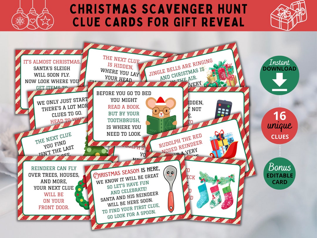 Christmas Scavenger Hunt Clue Cards, Indoor Scavenger Hunt Clues ...