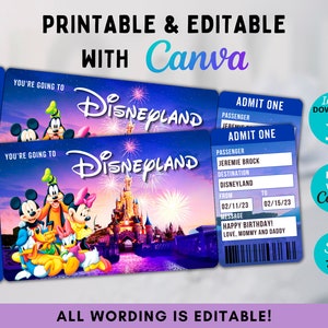 Modèle de billet modifiable pour les parcs à thème, carte d'embarquement Mouse World Surprise, vacances surprise, billet d'avion voyage surprise, cadeau billet de révélation