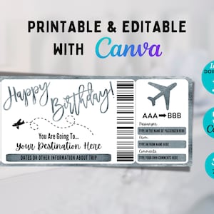Plantilla de tarjeta de embarque editable, tarjeta de embarque de cumpleaños, vacaciones sorpresa, boleto de avión sorpresa, viaje sorpresa, brillo plateado, Canva