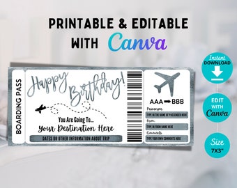 Editable Boarding Pass Template, Birthday Boarding Pass, Surprise Vacation, Surprise Flight Ticket, Surprise Trip, Silver Glitter, Canva