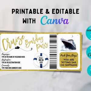Modèle modifiable de carte d'embarquement pour croisière, carte d'embarquement pour croisière, voyage vacances surprise, coupon croisière, paillettes d'or pour bateau, cadeau, toile
